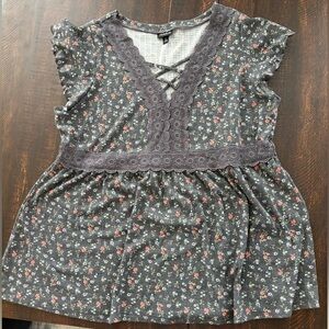 Torrid Floral Gray Blouse with Lace Detail